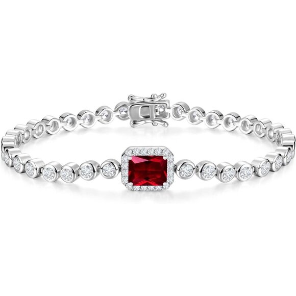 Elegant July Birthstone Ruby Tennis Bracelet with Emerald Cut Gem - Sterling Sil